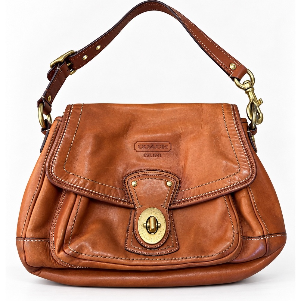 Coach Ali Shoulder Bag Women M Cognac Leather Turnlock Flap Saddle Vintage